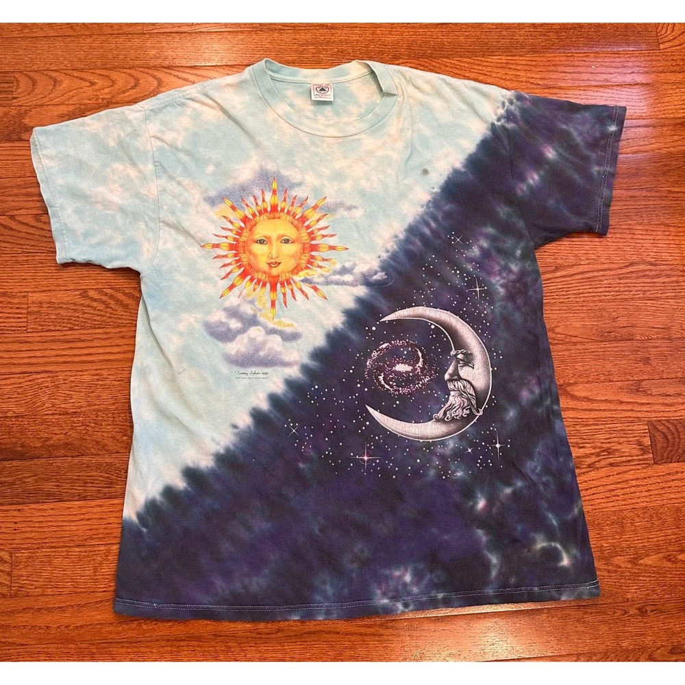 Vintage 1995 Tammy Schatz Sun Moon Tie Dye Tee Delta Pro Weight XL Celestial USA